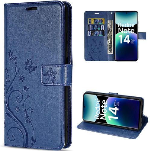 Coque Pour Xiaomi Redmi Note 14 Pro Plus 5g/Note 14 Pro+ 5g, Protection Synthécuir Bleu Foncé Motif Floral Papillon - Efconnection