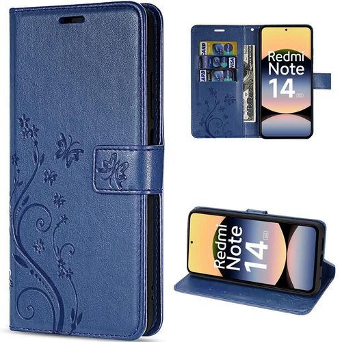 Coque Pour Xiaomi Redmi Note 14 5g (Pas Pour 4g) Flip Case Cuir Synthétique Motif Relief Floral Papillon - Bleu Marine - Efconnection