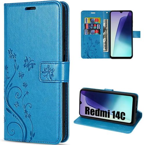 Coque Pour Xiaomi Redmi 14c, Antichoc Cuir Synthétique Bleu Motif Papillon Plante Avec Porte-Cartes - Efconnection