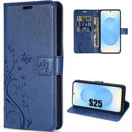 Coque Pour Samsung Galaxy S25, Protection Rabat Cuir Synthétique Anti-Rayures Bleu Marine Motif Floral Papillon - Efconnection