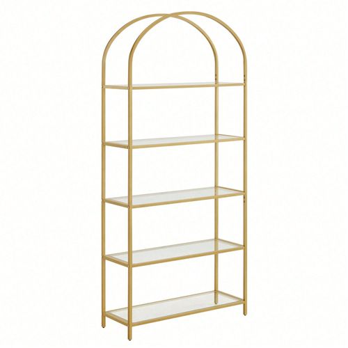 Étagère De Rangement À 5 Étagères, En Verre Trempé, Bibliothèque, Cadre En Acier Robuste, Doré