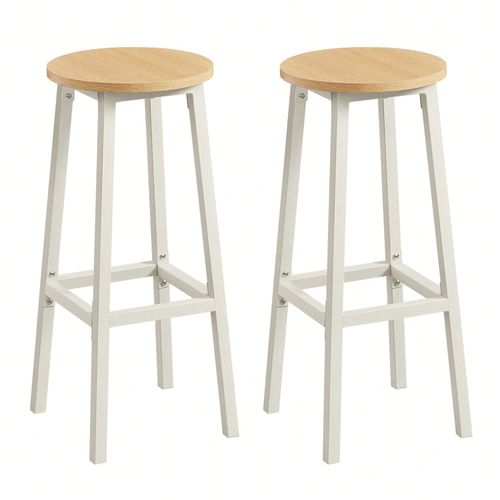Tabouret De Bar, Lot De 2, Siège Haut, Cadre Métallique, Montage Facile, Hauteur 74 Cm, Pour Cuisine, Salon, Salle À Manger, Doré Chêne Et Blanc