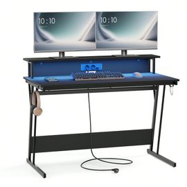 Bureau Gaming Avec Led Et Multiprise, Bureau Informatique Avec Rehausseur D'écran, 60 X 120 X 75 Cm, Noir Boisé