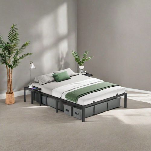 Lit Double, Adapté Pour Matelas 160 X 200 Cm, Cadre De Lit En Métal Avec Étagères De Rangement, Lit Adolescent, Noir Classique