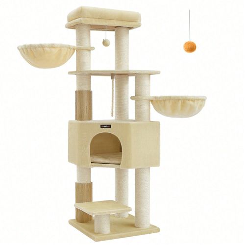 Arbre À Chat Grand Et Stable Avec Tapis Chaud, Auto-Toiletteurs, Poteaux À Griffer, Niche, Hamacs, 50 X 50 X 160 Cm, Beige Sable Et Beige