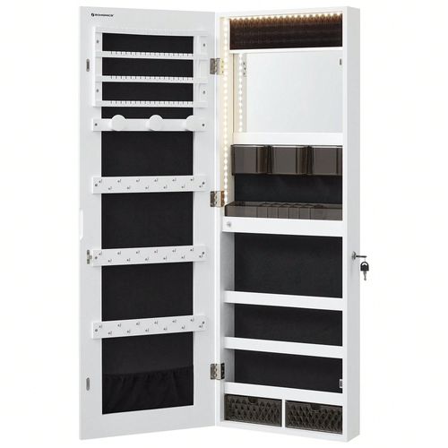 Armoire À Bijoux Murale, Avec Lumières Led, Avec Miroir Sans Cadre, 2 Tiroirs, Verrouillable, Blanc