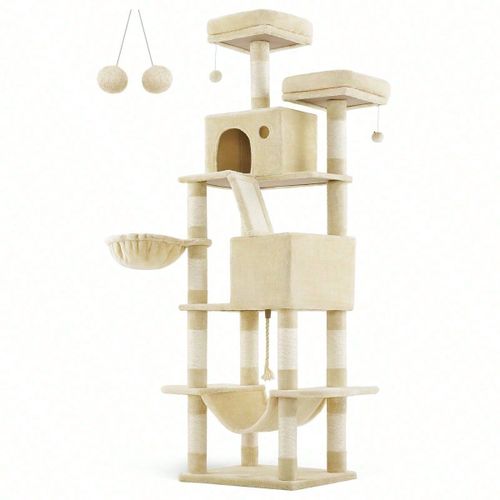 Arbre À Chat, Grande Tour De Jeux, Hauteur 206 Cm, Beige