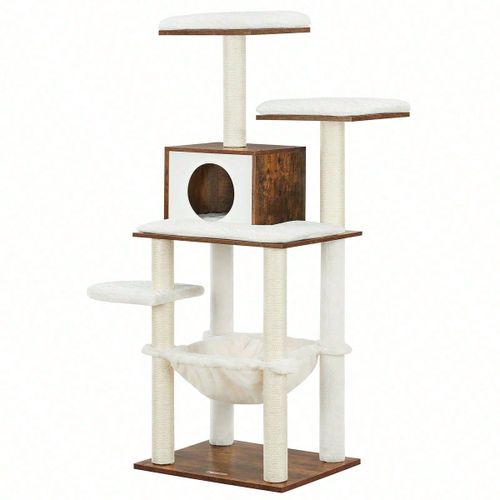 Arbre À Chat, Tour De Jeux De 138 Cm, Pour Chats Domestiques, Meuble Pour Chat, Marron Rustique