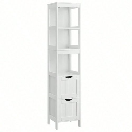 Armoire De Salle De Bain, Colonne Avec 2 Tiroirs Et 3 Casiers, 30 X 30 X 141.5 Cm, Blanc