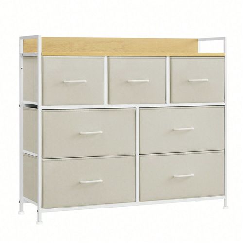 Commode, Armoire, Meuble De Rangement, 7 Tiroirs En Tissu Avec Poignées, Cadre En Métal, Style Moderne, Blanc Crème Et Beige Chêne