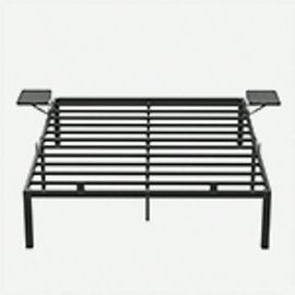 Lit Double, Cadre De Lit En Métal Avec Étagères De Rangement, Tête De Lit, Lit Adolescent, Adapté Pour Matelas 160 X 200 Cm, Montage Facile, Noir Mat