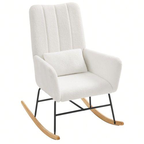 Fauteuil À Bascule, Avec Accoudoirs, Surface En Tissu Peluche, Capacité De Charge 136 Kg, Pour Chambre, Salon, Blanc Crème