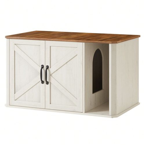 Meuble Litière Pour Chat, Meuble Moderne Cache-Litière, Double Porte, Poignées, Table D'appoint, 85 X 48,5 X 50 Cm, Marron Miel Et Blanc Rustique