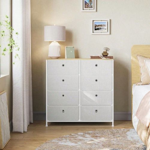 Commode, Meuble De Rangement Avec 8 Tiroirs En Tissu, Meuble À Tiroirs Avec Cadre Métallique, Plateau, Blanc Crème Et Couleur Chêne