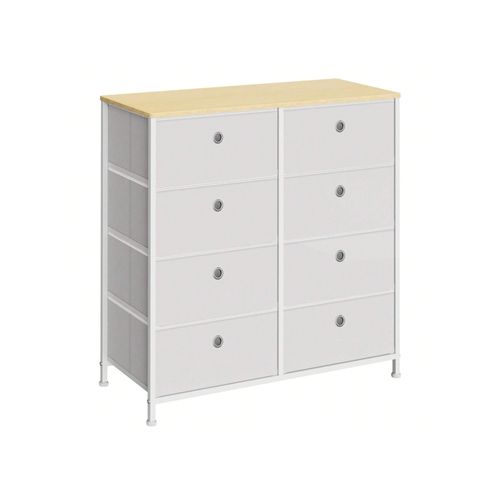 Commode, Meuble De Rangement Avec 8 Tiroirs En Tissu, Meuble À Tiroirs Avec Cadre Métallique, Plateau, Blanc Crème Et Couleur Chêne