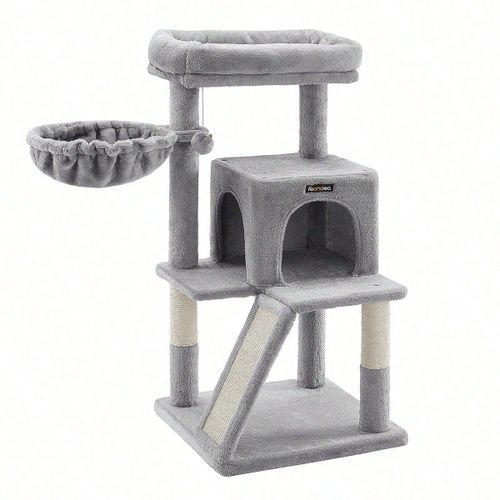Arbre À Chat, Tour De Jeux, Hauteur De 96cm, Grand Plate-Forme, Gris Clair