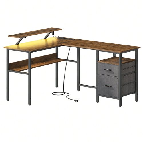 Bureau En L Avec Multiprise, Bureau D'angle, Bureau Informatique Avec Rehausseur D'écran, Bureau Gaming Led, 2 Tiroirs, 2 Ports Usb, Marron Rustique