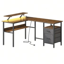 Bureau En L Avec Multiprise, Bureau D'angle, Bureau Informatique Avec Rehausseur D'écran, Bureau Gaming Led, 2 Tiroirs, 2 Ports Usb, Marron Rustique