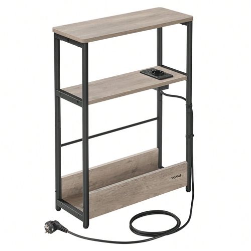 Table D'appoint Fine Avec Multiprise, Table De Chevet À 3 Niveaux, Bout De Canapé, Pour Petits Espaces, Grège Chiné Et Noir D'encre