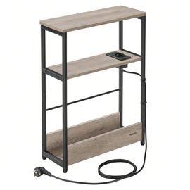 Table D'appoint Fine Avec Multiprise, Table De Chevet À 3 Niveaux, Bout De Canapé, Pour Petits Espaces, Grège Chiné Et Noir D'encre