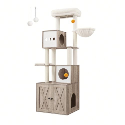 Arbre À Chat Moderne Avec Cache-Litière, Tour De Jeu, Griffoir Avec Maison De Toilette, 180 Cm, Grège