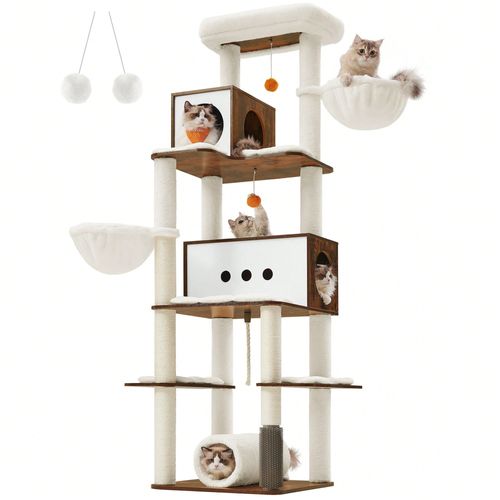 Arbre À Chat, Tour De Jeux Moderne De 197 Cm, Multi-Niveaux, Avec 2 Niches, 2 Paniers, 4 Griffoirs, Toiletteur, Tunnel, Plate-Forme, Marron Rustique