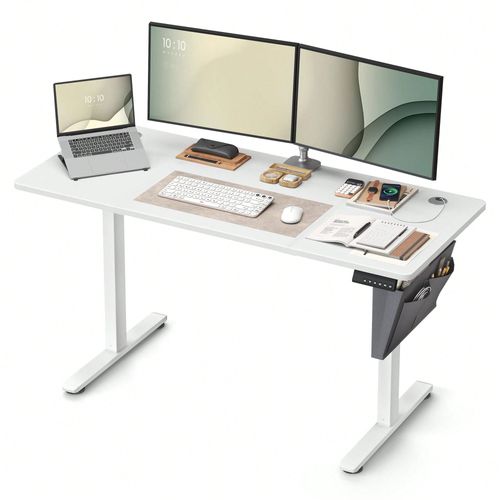 Bureau Électrique Assis-Debout, Bureau Réglable En Hauteur, 60 X 140 X (72-120) Cm, 4 Hauteurs Mémorisables, Pochette De Rangement, Blanc Nuage
