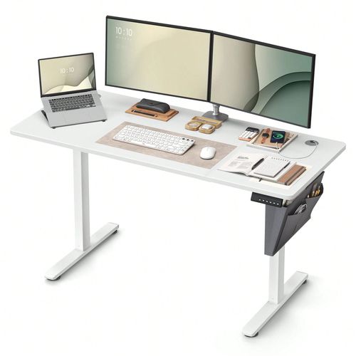 Bureau Électrique Assis-Debout, Bureau Réglable En Hauteur, 60 X 140 X (72-120) Cm, 4 Hauteurs Mémorisables, Pochette De Rangement, Blanc Nuage