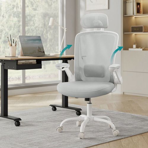 Chaise Bureau Ergonomique, Tissu En Maille, Support Lombaire, Appui-Tête, Mécanisme À Bascule, Accoudoirs Rabattables, Gris Tourterelle