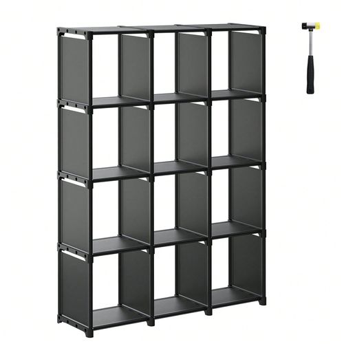 Étagère De Rangement À 12 Compartiments, Bibliothèque, 30 X 105 X 140 Cm, Organiseur Pour Salon, Chambre, Salle De Bain, Avec Marteau, Noir