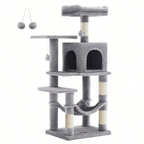Arbre À Chat Hauteur 112 Cm, Avec 4 Poteaux À Griffer, 2 Plateformes, 1 Niche, 1 Hamac, 2 Pompons, Gris Clair