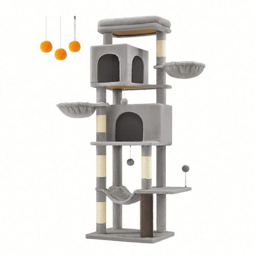 Grand Arbre À Chat, Abri À Chat Multi-Niveaux Avec 2 Niches, 2 Paniers, 5 Griffoirs, Toilettage Autonome, Perchoir, Hamac, Gris Tourterelle