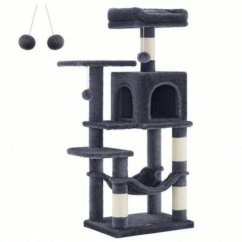 Arbre À Chat Hauteur 112 Cm, Avec 4 Poteaux À Griffer, 2 Plateformes, 1 Niche, 1 Hamac, 2 Pompons, Gris Fumé