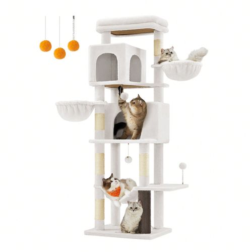 Grand Arbre À Chat, Abri À Chat Multi-Niveaux Avec 2 Niches, 2 Paniers, 5 Griffoirs, Toilettage Autonome, Perchoir, Hamac, Blanc Crème
