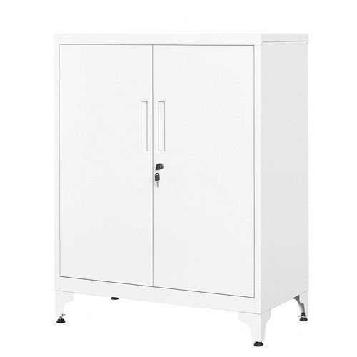 Caisson De Bureau, Placard Polyvalent, Armoire De Bureau À 2 Portes, Verrouillable, Meuble De Rangement En Acier, Pour Bureau, Salon, Blanc Mat