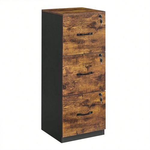 Caisson De Bureau À 3 Tiroirs, Support D'imprimante, 3 Tiroirs Verrouillables, Rail De Suspension Réglable, Pour Dossiers A4, Marron Rustique Et Noir