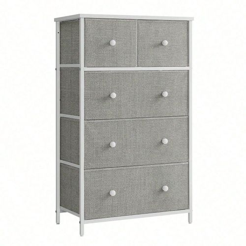 Commode, Meuble De Rangement, Avec 5 Tiroirs En Tissu, Style Industriel, Pour Salon, Entrée, Couloir, Chambre D'enfant, Gris Clair Et Blanc