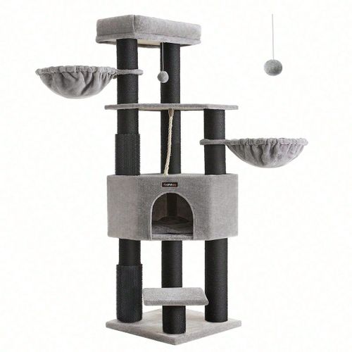 Arbre À Chat Grand Et Stable Avec Tapis Chaud, Auto-Toiletteurs, 50 X 50 X 160 Cm, Gris Tourterelle Et Noir