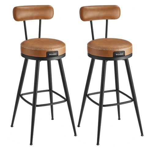 Tabouret De Bar, Lot De 2, Siège Rembourré, Pu Avec Coutures, Style Moderne Mi-Siècle, Hauteur 76 Cm, Marron Caramel