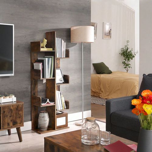 Bibliothèque Arbre, Étagère À 8 Compartiments, Meuble De Rangement, 50 X 25 X 140 Cm, Avec Coins Arrondis Et Rebords, Marron Rustique