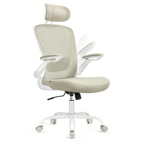 Chaise Bureau Ergonomique, Appui-Tête, Mécanisme À Bascule, Assise Large De 53 Cm, Accoudoirs Rabattables, Pour Bureau, Chambre, Beige Cappuccino