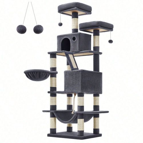 Arbre À Chat, Hauteur 168 Cm, Avec 13 Griffoirs, 1 Planche À Griffer, 2 Plate-Forme, 2 Niches, Panier, Hamac, Gris Foncé