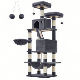 Arbre À Chat, Hauteur 168 Cm, Avec 13 Griffoirs, 1 Planche À Griffer, 2 Plate-Forme, 2 Niches, Panier, Hamac, Gris Foncé