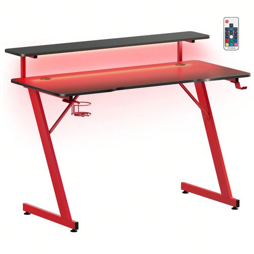 Bureau De Jeu, Avec Lumière Led, En Forme De Z, Support Moniteur, Porte-Gobelet, Crochet Pour Casque, Noir Carbone Et Rouge Rubis