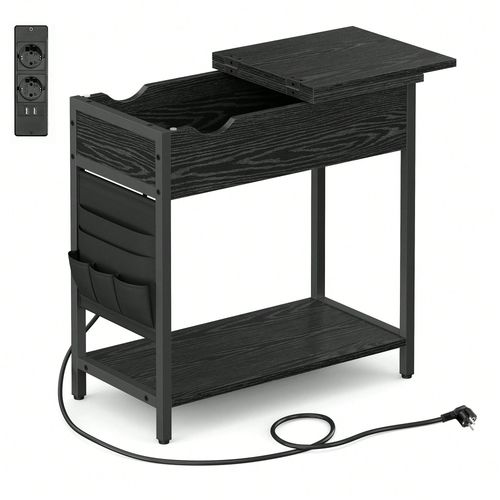 Table D'appoint, Petite Table De Chevet Avec Multiprise, Étroite, Avec Ports Usb, Pochette De Rangement, Noir Boisé