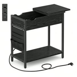 Table D'appoint, Petite Table De Chevet Avec Multiprise, Étroite, Avec Ports Usb, Pochette De Rangement, Noir Boisé