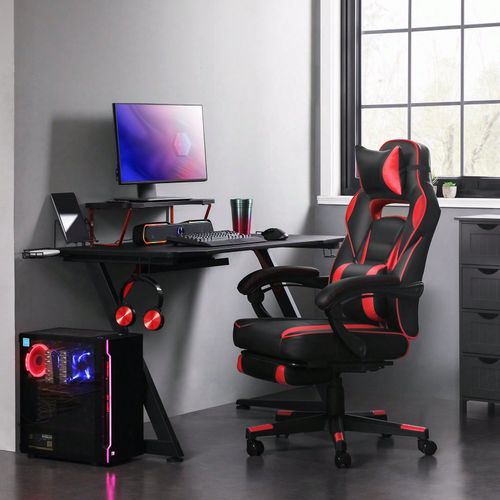 Fauteuil Gamer, Chaise Gaming, Siège De Bureau Réglable, Avec Repose-Pieds Télescopique, Support Lombaire, Charge 150 Kg, Noir Et Rouge