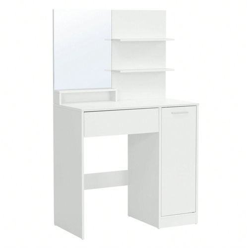 Coiffeuse, Avec Miroir Avec Étagères, 1 Tiroir, 1 Porte Avec 2 Étagères, Blanc, 80 X 40 X 132 Cm, Sans Tabouret