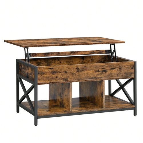 Table Basse, Relevable, Table Basse Avec Rangement Caché Et Compartiments Ouverts, Cadre En Acier, 50 X 100 X (46,5-62) Cm, Marron Rustique Et Noir