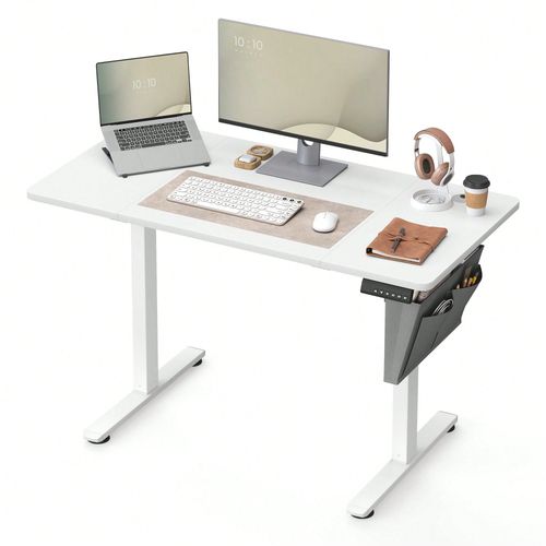 Bureau Électrique Assis-Debout, Bureau Réglable En Hauteur, 60 X 120 X (72-120) Cm, 4 Hauteurs Mémorisables, Pochette De Rangement, Blanc Nuage